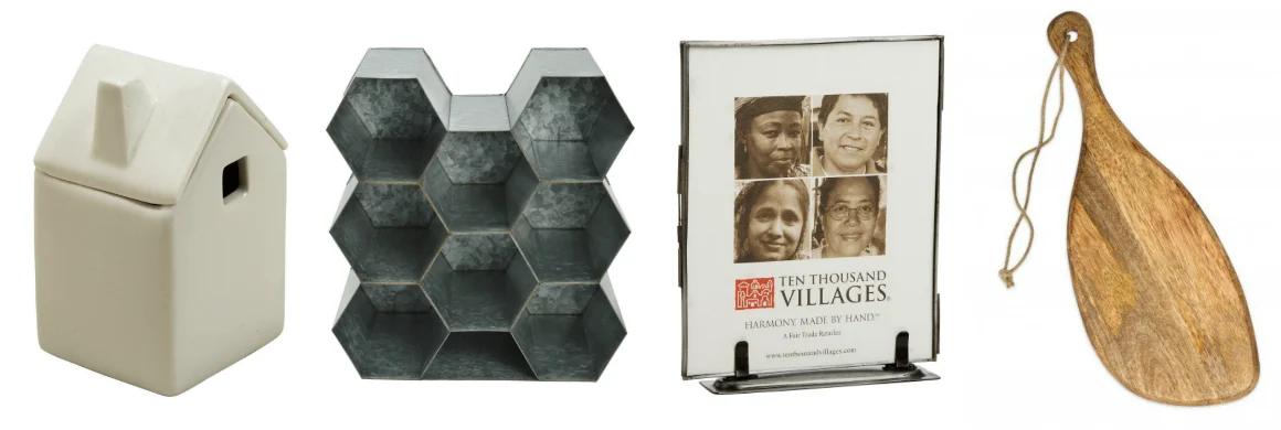 graphic shows items from Ten Thousand Villages that are similar to Joanna Gaines Target collection - Ethical Alternatives Hearth Hand Collection