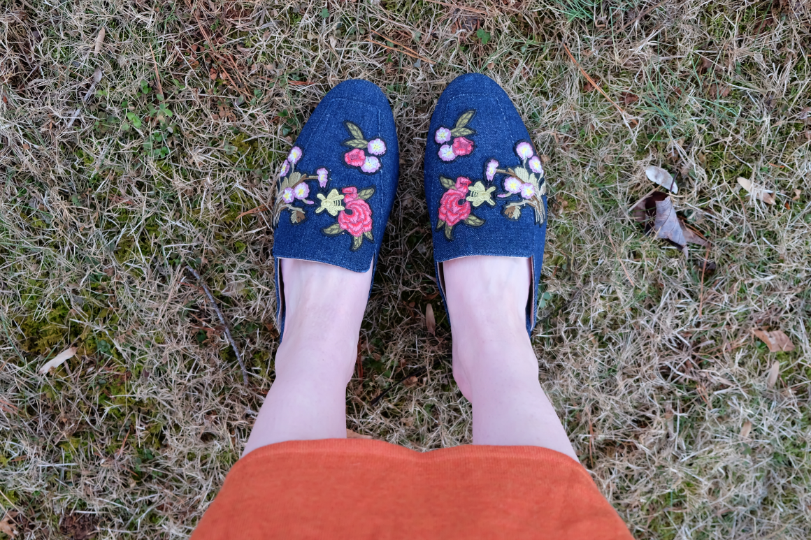 shot of denim mules with floral and bee applique - Swap.com Try-On and Review