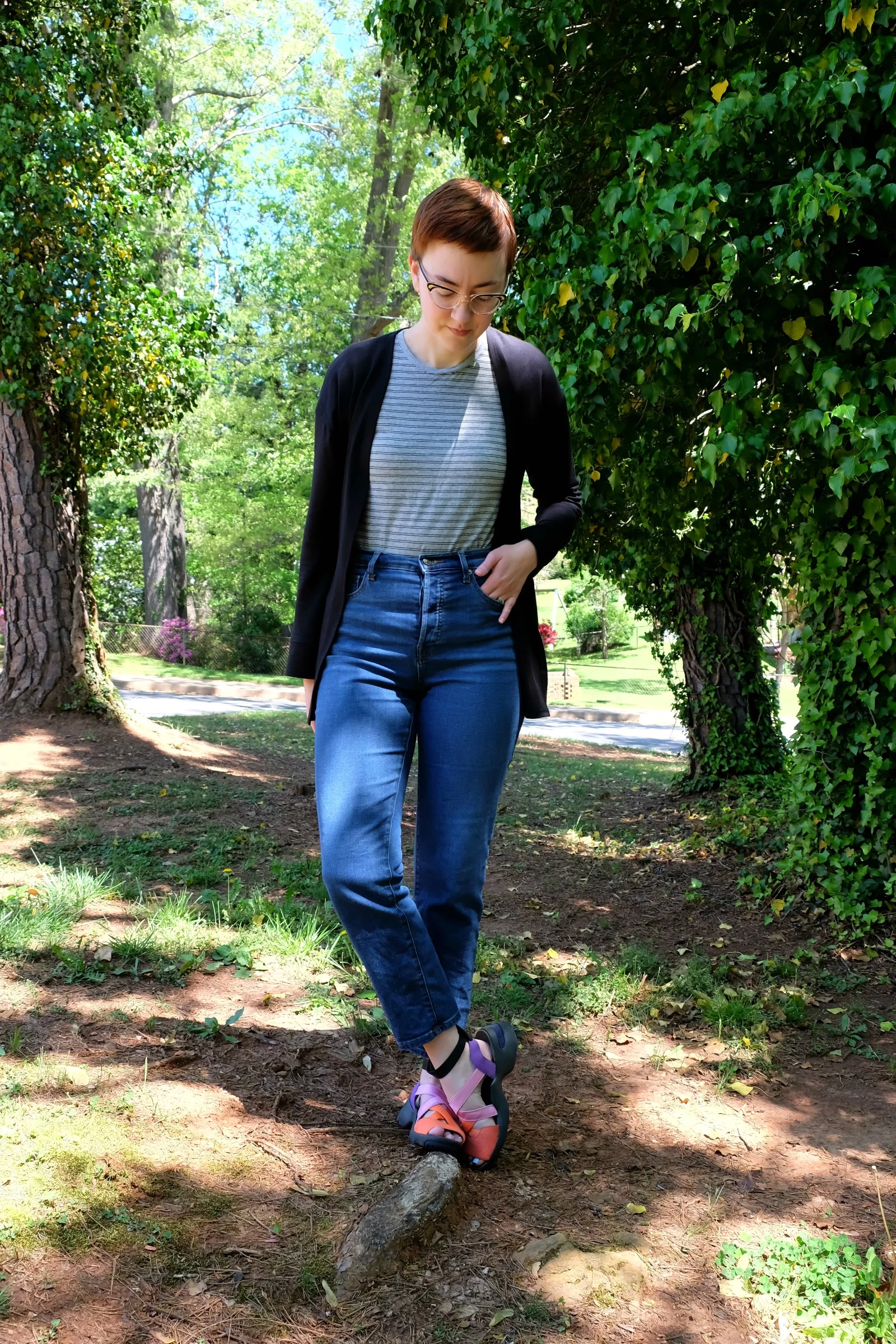  Ethical Details: Cardigan - c/o  LA Relaxed ; Tee and Jeans -  Everlane ; Sandals - secondhand Camper; Earrings -  Bario Neal  