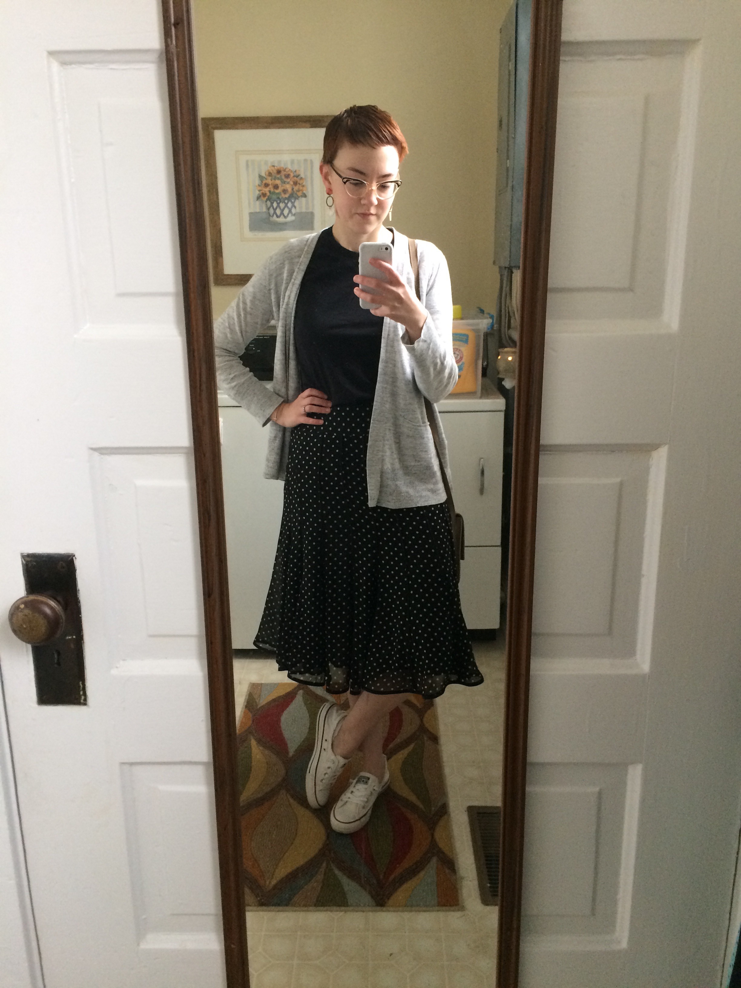  Outfit Three: Tee -  Everlane Crew Neck ; Skirt, Cardigan, and Shoes - thrifted; Earrings - c/o  ABLE  