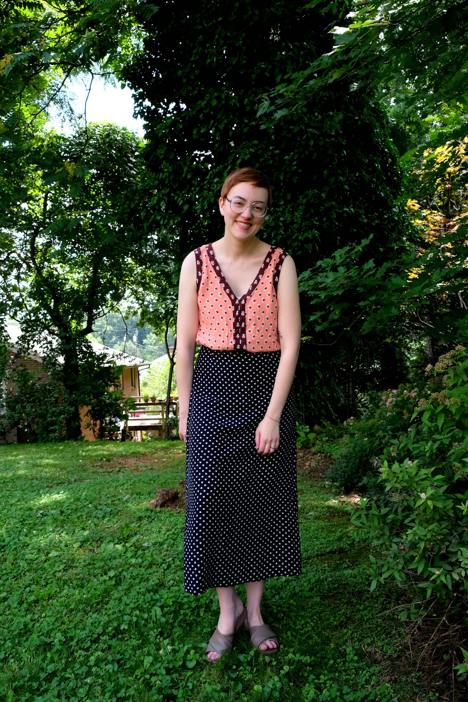  Ethical Details: Top and Skirt - thrifted; Sandals -  Everlane  