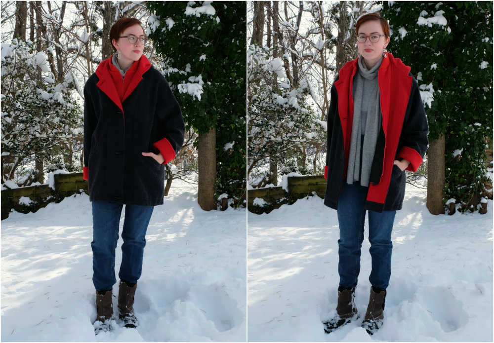 tips for buying ethical and thrifted coats stylewise-blog.com - Leah wears a gray and red fleece coat in snowy backyard - Secondhand Coat Collection