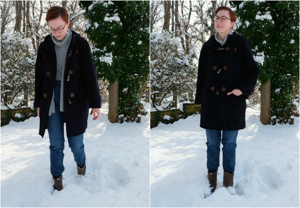 tips for buying ethical and thrifted coats stylewise-blog.com - Leah wears a navy peacoat in snowy backyard - Secondhand Coat Collection