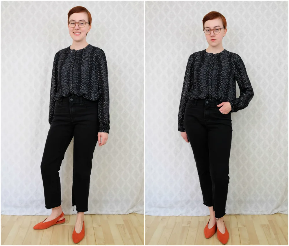 Leah wears a black snakeskin pattern silk shirt with black pants and red shoes - Material World Subscription Review