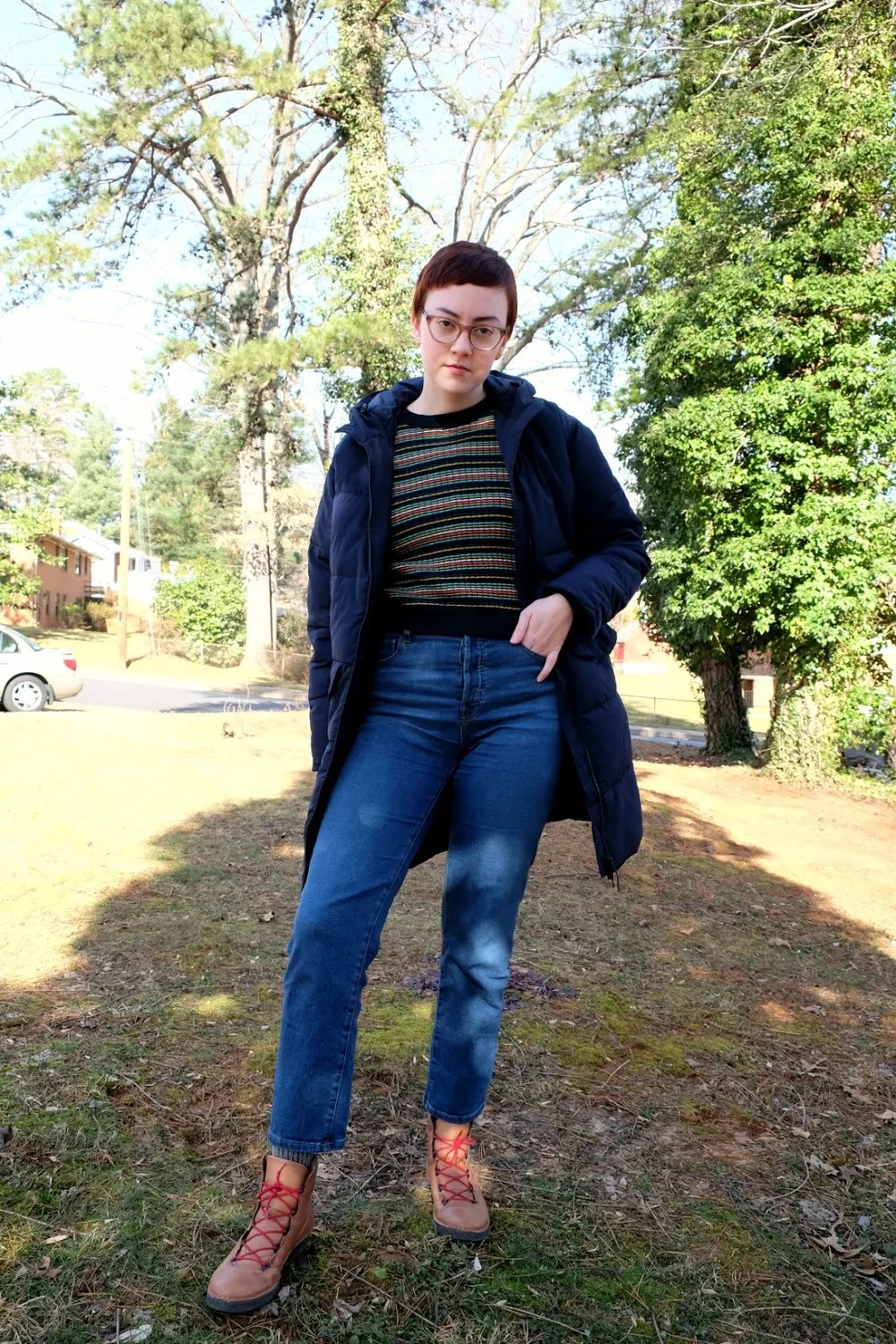 ethical outfit 1980s inspired striped sweater and everlane puffer stylewise-blog.com