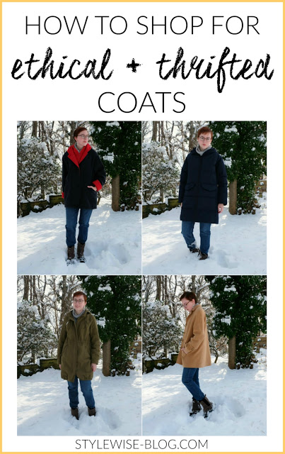 tips for buying ethical and thrifted coats stylewise-blog.com - pinterest graphic with images of Leah wearing coats and text that reads "how to shop for ethical and thrifted coats"Secondhand Coat Collection