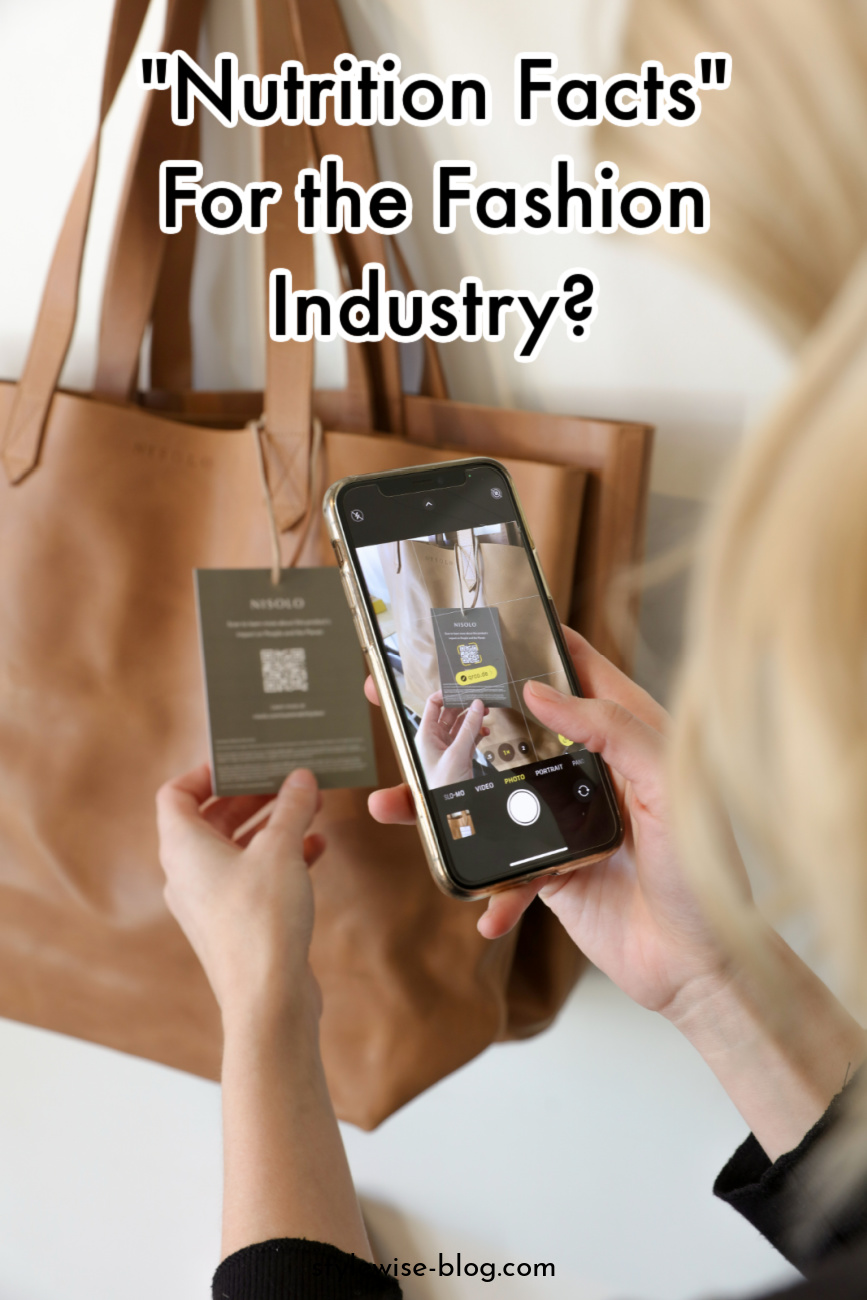 image of woman using QR scanner on iphone to read "Sustainability Facts" for a Nisolo leather bag - Pinterest pin