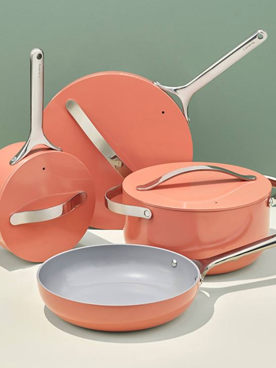Caraway Home ceramic cookware set in peach color